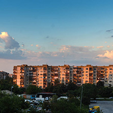 PLOVDIV, BULGARIA - AUGUST 3, 2018: Sunset view of Typical residential building from the communist period in city of Plovdiv, Bulgaria