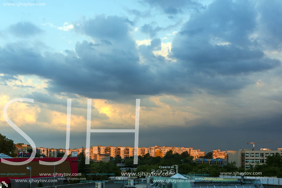 PLOVDIV, BULGARIA - AUGUST 3, 2018: Sunset view of Typical residential building from the communist period in city of Plovdiv, Bulgaria