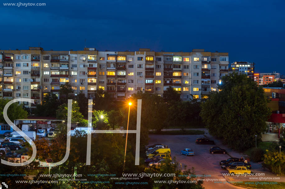 PLOVDIV, BULGARIA - AUGUST 3, 2018: Night Photo of Typical residential building from the communist period in city of Plovdiv, Bulgaria