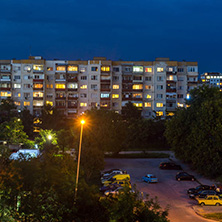 PLOVDIV, BULGARIA - AUGUST 3, 2018: Night Photo of Typical residential building from the communist period in city of Plovdiv, Bulgaria