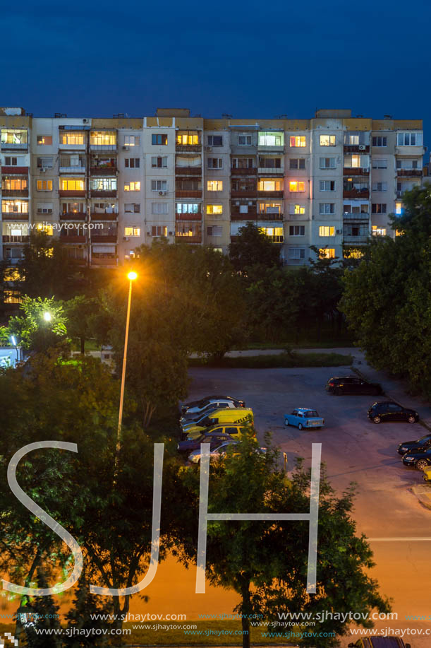 PLOVDIV, BULGARIA - AUGUST 3, 2018: Night Photo of Typical residential building from the communist period in city of Plovdiv, Bulgaria