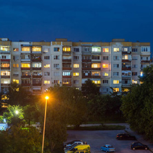 PLOVDIV, BULGARIA - AUGUST 3, 2018: Night Photo of Typical residential building from the communist period in city of Plovdiv, Bulgaria