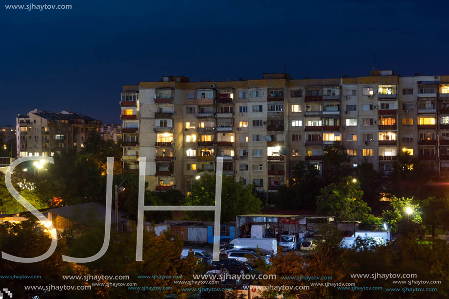 PLOVDIV, BULGARIA - AUGUST 3, 2018: Night Photo of Typical residential building from the communist period in city of Plovdiv, Bulgaria