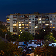 PLOVDIV, BULGARIA - AUGUST 3, 2018: Night Photo of Typical residential building from the communist period in city of Plovdiv, Bulgaria