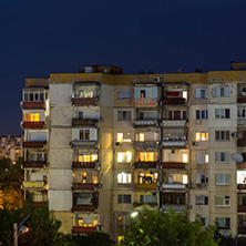 PLOVDIV, BULGARIA - AUGUST 3, 2018: Night Photo of Typical residential building from the communist period in city of Plovdiv, Bulgaria
