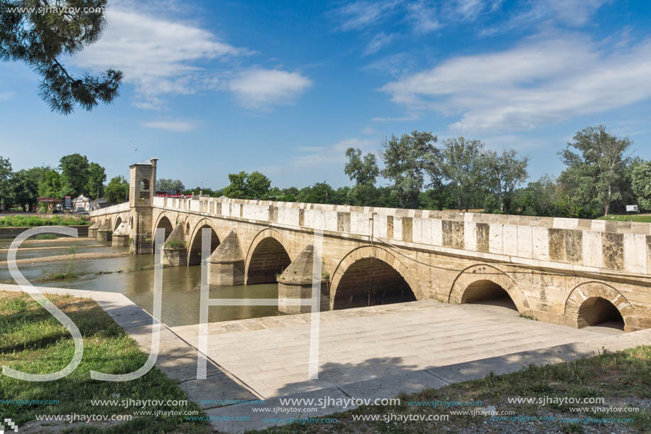 EDIRNE, TURKEY - MAY 26, 2018: Bridge from period of Ottoman Empire over Tunca River in city of Edirne,  East Thrace, Turkey