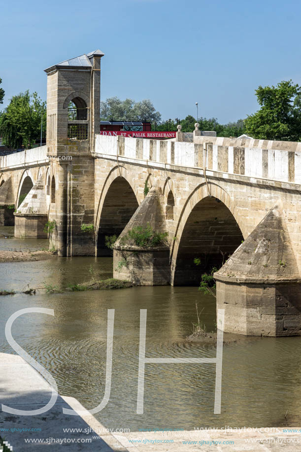 EDIRNE, TURKEY - MAY 26, 2018: Bridge from period of Ottoman Empire over Tunca River in city of Edirne,  East Thrace, Turkey