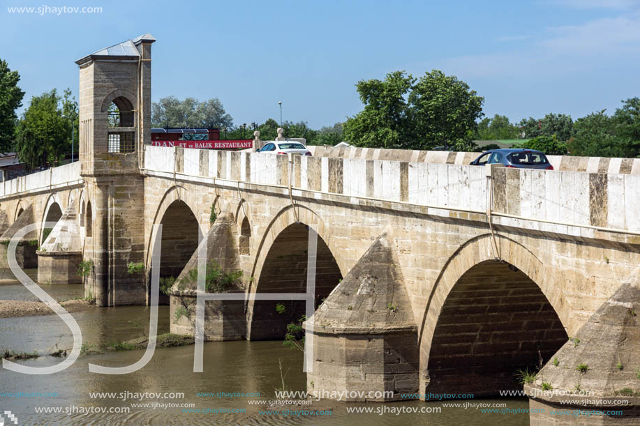 EDIRNE, TURKEY - MAY 26, 2018: Bridge from period of Ottoman Empire over Tunca River in city of Edirne,  East Thrace, Turkey