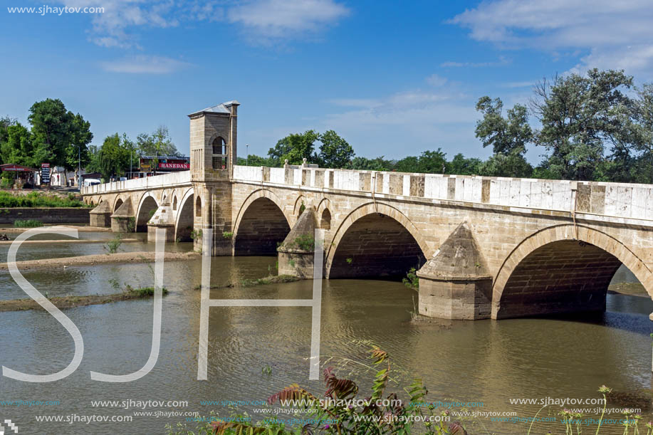 EDIRNE, TURKEY - MAY 26, 2018: Bridge from period of Ottoman Empire over Tunca River in city of Edirne,  East Thrace, Turkey