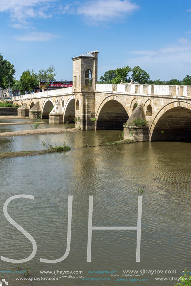 EDIRNE, TURKEY - MAY 26, 2018: Bridge from period of Ottoman Empire over Tunca River in city of Edirne,  East Thrace, Turkey