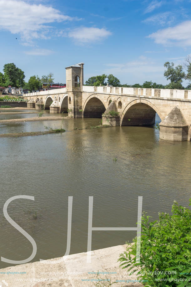 EDIRNE, TURKEY - MAY 26, 2018: Bridge from period of Ottoman Empire over Tunca River in city of Edirne,  East Thrace, Turkey