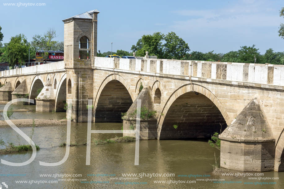 EDIRNE, TURKEY - MAY 26, 2018: Bridge from period of Ottoman Empire over Tunca River in city of Edirne,  East Thrace, Turkey