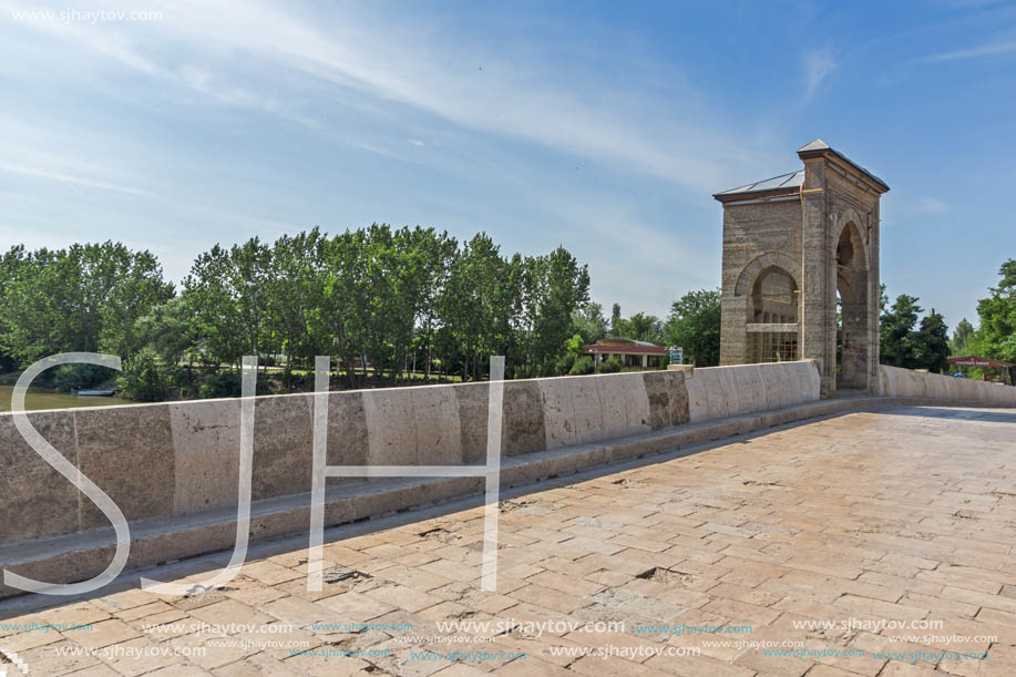 EDIRNE, TURKEY - MAY 26, 2018: Bridge from period of Ottoman Empire over Tunca River in city of Edirne,  East Thrace, Turkey