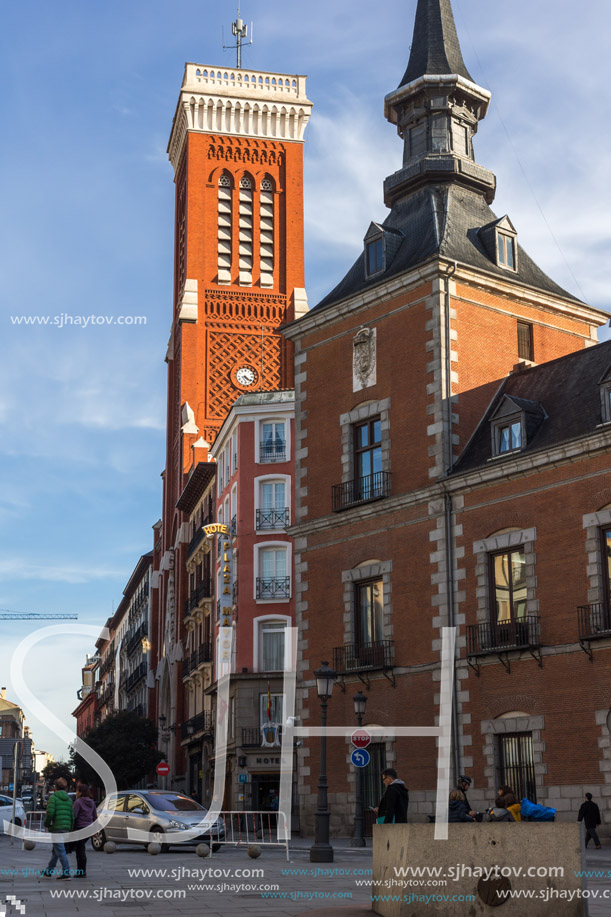 MADRID, SPAIN - JANUARY 23, 2018:  Amazing view of Church of Santa Cruz and Ministry of Foreign Affairs in City of Madrid, Spain