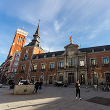MADRID, SPAIN - JANUARY 23, 2018:  Amazing view of Church of Santa Cruz and Ministry of Foreign Affairs in City of Madrid, Spain