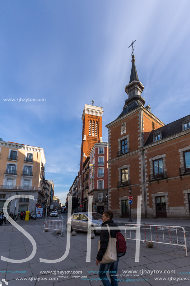 MADRID, SPAIN - JANUARY 23, 2018:  Amazing view of Church of Santa Cruz and Ministry of Foreign Affairs in City of Madrid, Spain