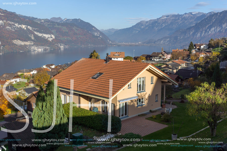 Lake Thun and typical Switzerland village near town of Interlaken, canton of Bern