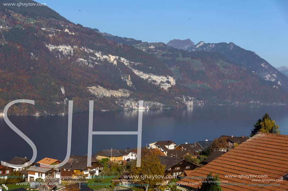 Lake Thun and typical Switzerland village near town of Interlaken, canton of Bern