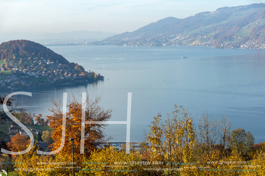 Lake Thun and typical Switzerland village near town of Interlaken, canton of Bern