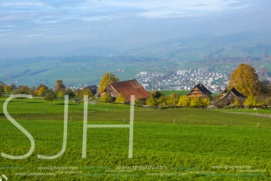 Green meadows above Lake Lucerne, near mount Rigi, Alps, Switzerland