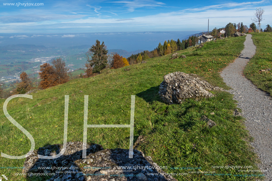 Green meadows above Lake Lucerne, near mount Rigi, Alps, Switzerland