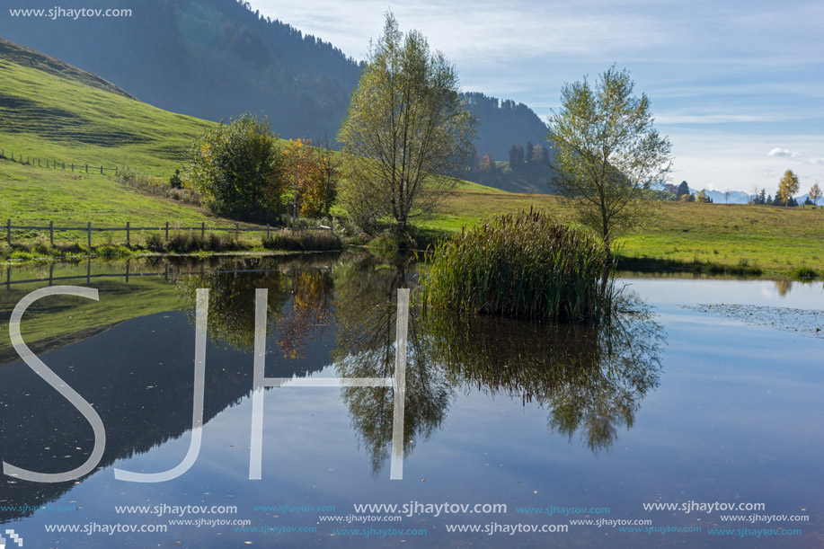 Green meadows above Lake Lucerne, near mount Rigi, Alps, Switzerland