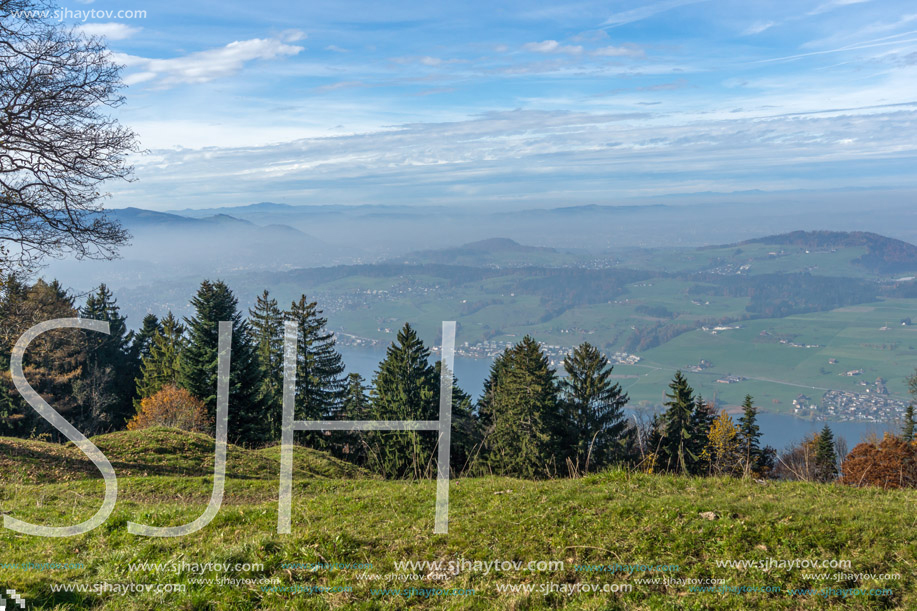 Green meadows above Lake Lucerne, near mount Rigi, Alps, Switzerland