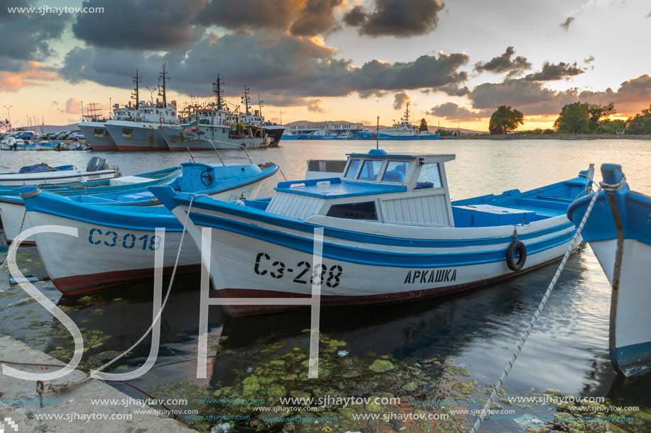 SOZOPOL, BULGARIA - JULY 12, 2016: Sunset at the port of Sozopol, Burgas Region, Bulgaria