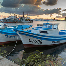 SOZOPOL, BULGARIA - JULY 12, 2016: Sunset at the port of Sozopol, Burgas Region, Bulgaria