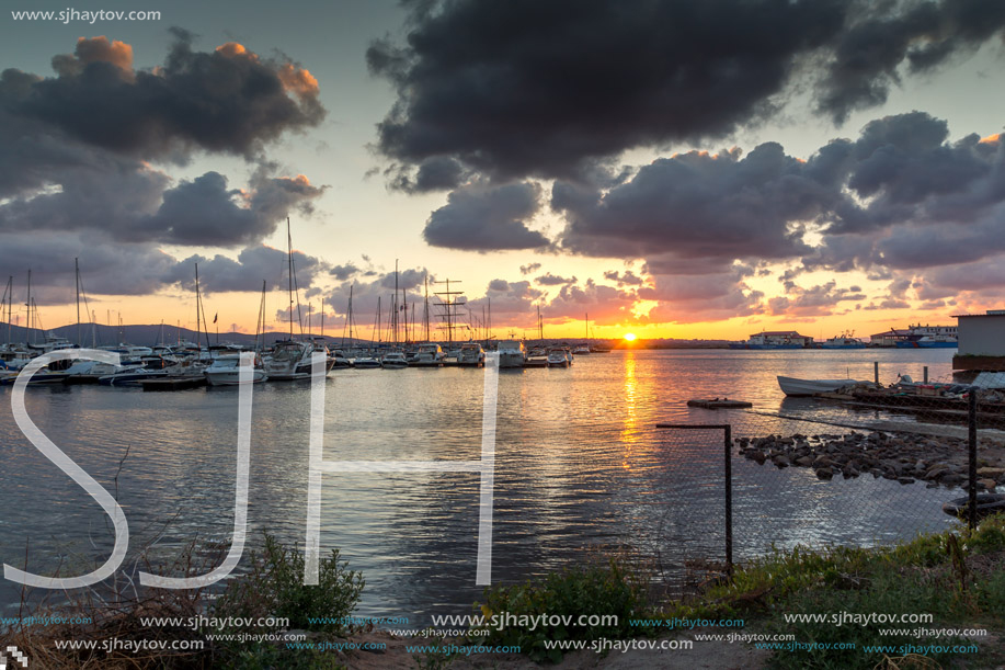 SOZOPOL, BULGARIA - JULY 12, 2016: Sunset at the port of Sozopol, Burgas Region, Bulgaria