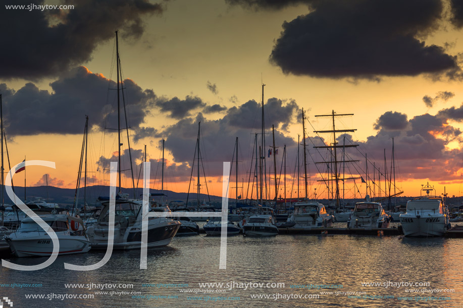 SOZOPOL, BULGARIA - JULY 12, 2016: Sunset at the port of Sozopol, Burgas Region, Bulgaria