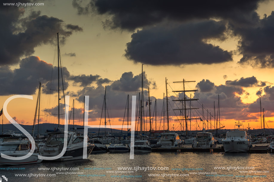 SOZOPOL, BULGARIA - JULY 12, 2016: Sunset at the port of Sozopol, Burgas Region, Bulgaria