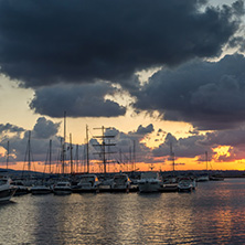 SOZOPOL, BULGARIA - JULY 12, 2016: Sunset at the port of Sozopol, Burgas Region, Bulgaria