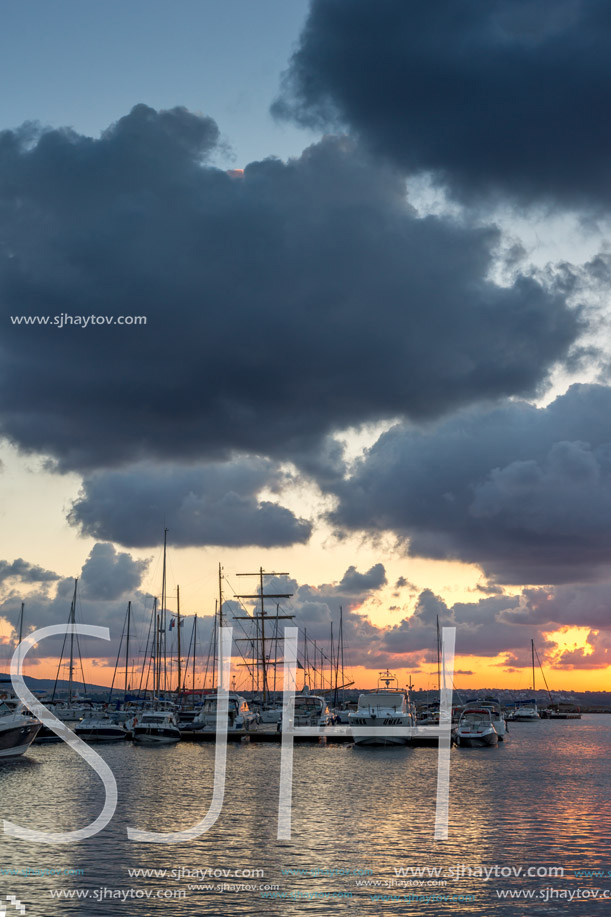 SOZOPOL, BULGARIA - JULY 12, 2016: Sunset at the port of Sozopol, Burgas Region, Bulgaria