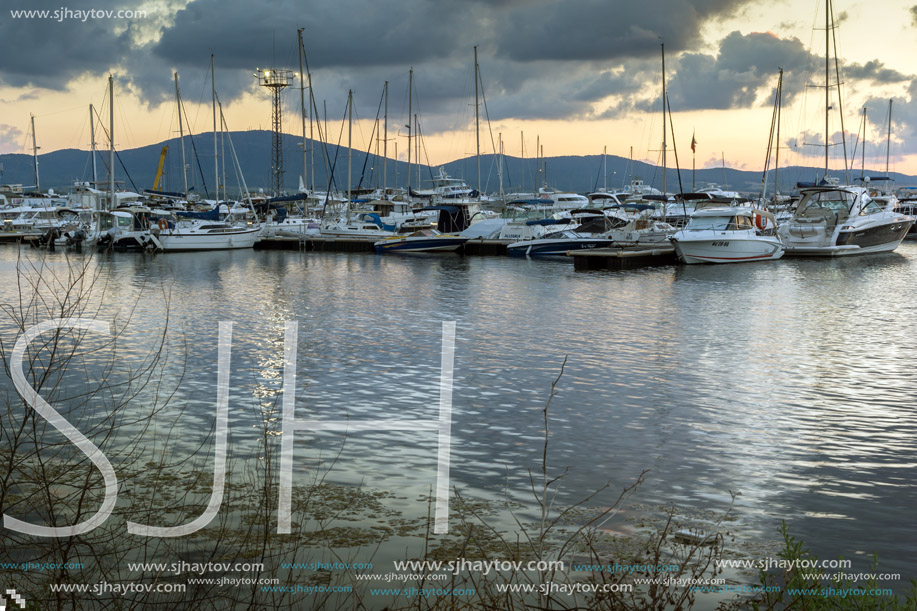 SOZOPOL, BULGARIA - JULY 12, 2016: Sunset at the port of Sozopol, Burgas Region, Bulgaria