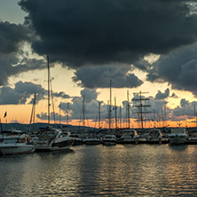 SOZOPOL, BULGARIA - JULY 12, 2016: Sunset at the port of Sozopol, Burgas Region, Bulgaria