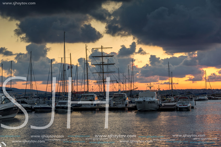 SOZOPOL, BULGARIA - JULY 12, 2016: Sunset at the port of Sozopol, Burgas Region, Bulgaria