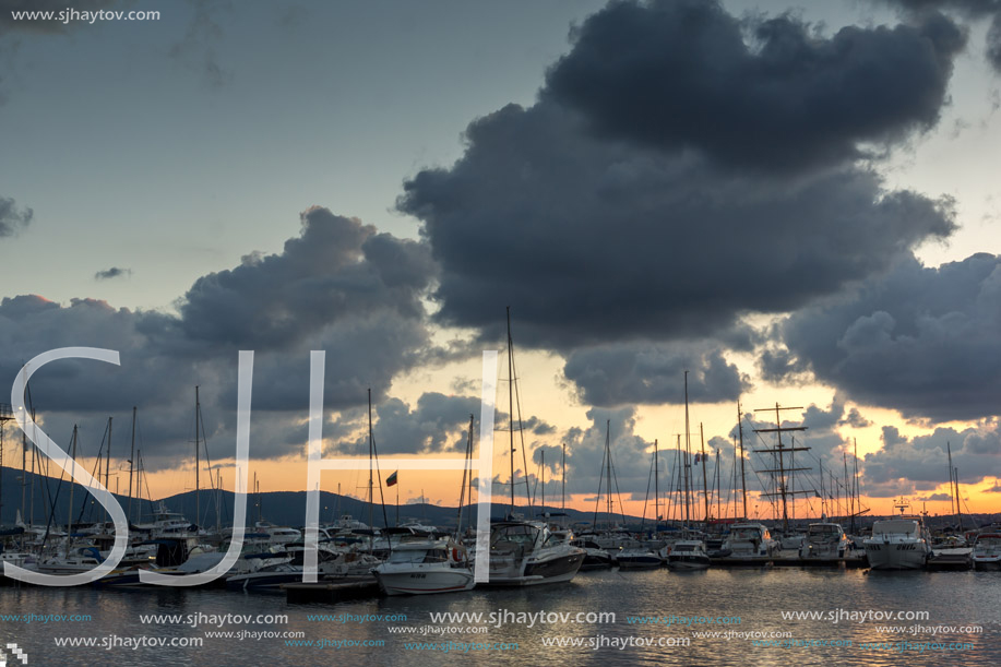 SOZOPOL, BULGARIA - JULY 12, 2016: Sunset at the port of Sozopol, Burgas Region, Bulgaria