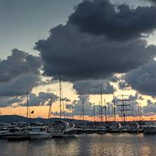 SOZOPOL, BULGARIA - JULY 12, 2016: Sunset at the port of Sozopol, Burgas Region, Bulgaria