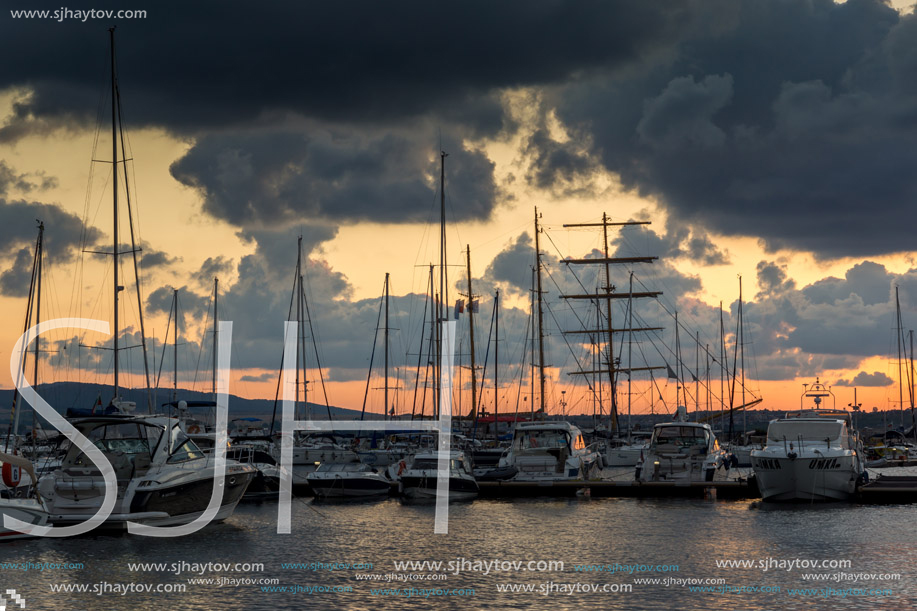 SOZOPOL, BULGARIA - JULY 12, 2016: Sunset at the port of Sozopol, Burgas Region, Bulgaria