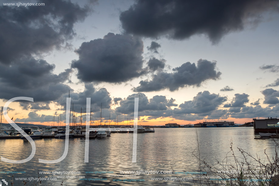 SOZOPOL, BULGARIA - JULY 12, 2016: Sunset at the port of Sozopol, Burgas Region, Bulgaria