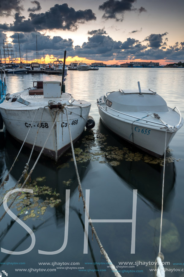 SOZOPOL, BULGARIA - JULY 12, 2016: Sunset at the port of Sozopol, Burgas Region, Bulgaria