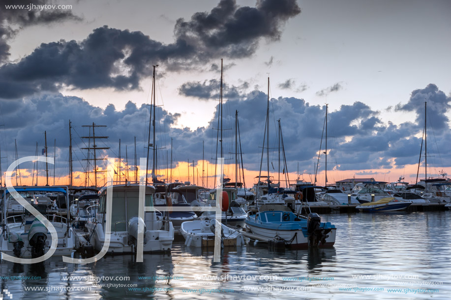 SOZOPOL, BULGARIA - JULY 12, 2016: Sunset at the port of Sozopol, Burgas Region, Bulgaria