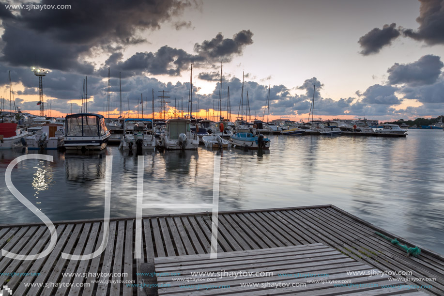 SOZOPOL, BULGARIA - JULY 12, 2016: Sunset at the port of Sozopol, Burgas Region, Bulgaria