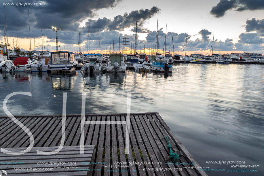 SOZOPOL, BULGARIA - JULY 12, 2016: Sunset at the port of Sozopol, Burgas Region, Bulgaria