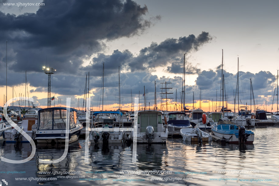 SOZOPOL, BULGARIA - JULY 12, 2016: Sunset at the port of Sozopol, Burgas Region, Bulgaria