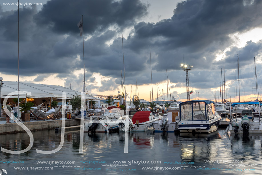 SOZOPOL, BULGARIA - JULY 12, 2016: Sunset at the port of Sozopol, Burgas Region, Bulgaria