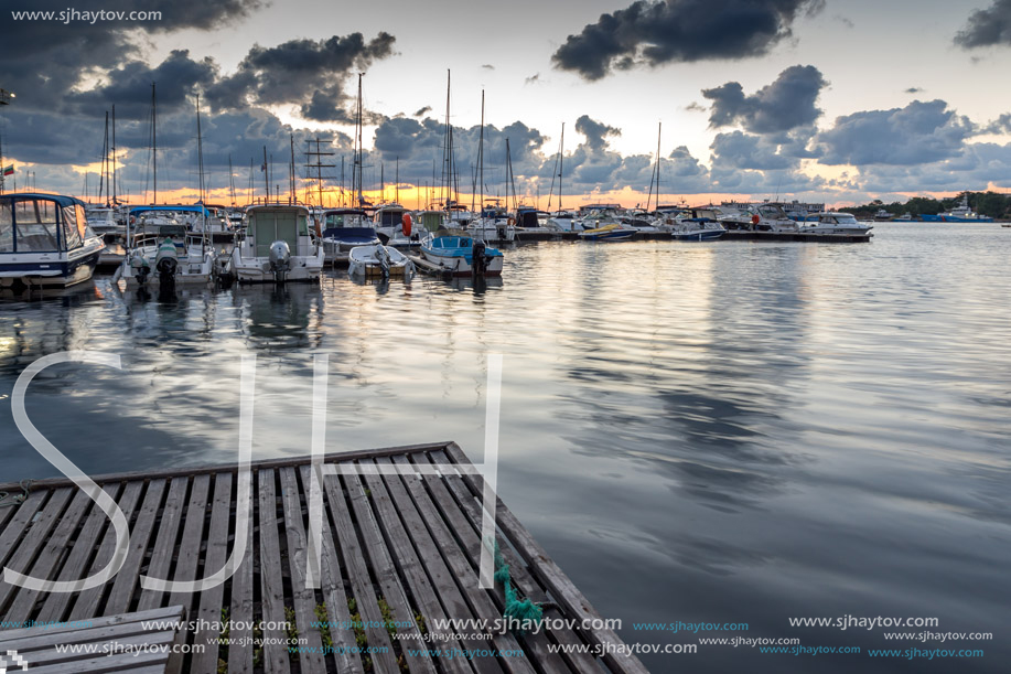 SOZOPOL, BULGARIA - JULY 12, 2016: Sunset at the port of Sozopol, Burgas Region, Bulgaria