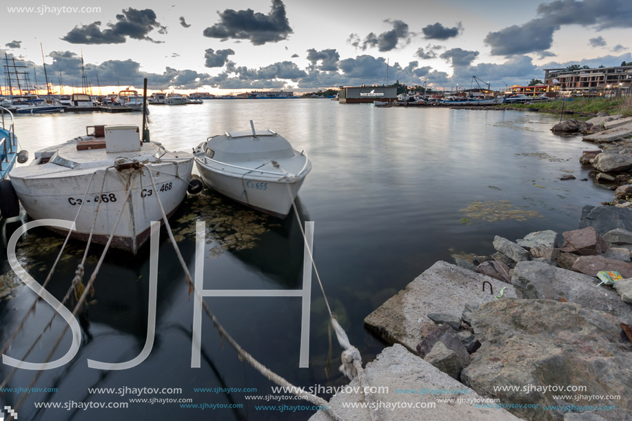 SOZOPOL, BULGARIA - JULY 12, 2016: Sunset at the port of Sozopol, Burgas Region, Bulgaria