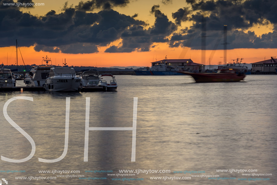 SOZOPOL, BULGARIA - JULY 12, 2016: Sunset at the port of Sozopol, Burgas Region, Bulgaria